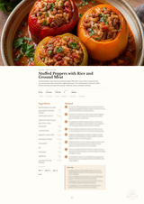A recipe card titled 'Stuffed Peppers with Rice and Ground Meat' shown below a close-up food photo of three stuffed peppers in sauce. The page includes a brief description, ingredients list, and cooking steps on a white background.