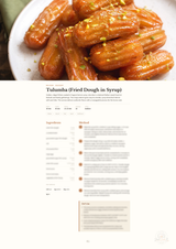A recipe page titled 'Tulumba (Fried Dough in Syrup)' beneath a photo of glazed fried dough sticks on a plate. The page includes ingredients and method sections on a white background.