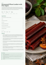 A recipe-style page titled 'Fermented Plum Leather with Five-Spine' shown beside a plated food photo of reddish-brown rolled leather strips on a ceramic plate with star anise and a plum.