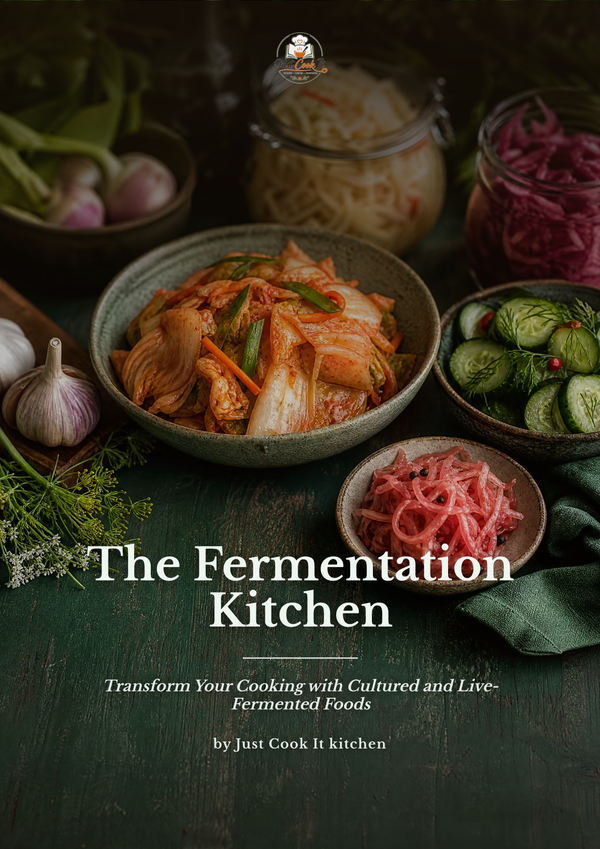 A book cover titled "The Fermentation Kitchen" with subtitle text and author credit, shown over a styled food scene featuring kimchi, pickled vegetables, cucumbers, garlic, and jars on a dark wooden surface.
