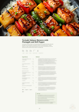 A cookbook or recipe book page featuring a large, appetizing photograph of Teriyaki Salmon Skewers with Pineapple and Bell Pepper at the top, with the recipe title and ingredient/method sections printed below on a white page.