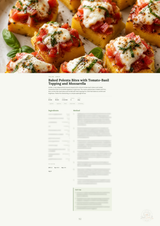 A recipe page titled 'Baked Polenta Bites with Tomato-Basil Topping and Mozzarella' beneath a close-up food photo of topped baked bites on a white page.