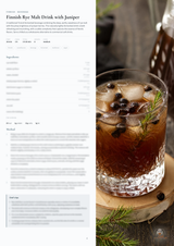 A recipe-style page for a Finnish Rye Malt Drink with Juniper, shown beside a real photo of an iced cocktail in a textured glass with ice, juniper berries, and a sprig of rosemary on a wooden surface.