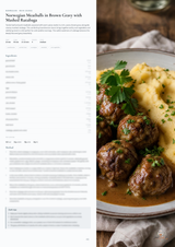 A cookbook-style page showing a recipe for Norwegian Meatballs in Brown Gravy with Mashed Rutasaga, alongside a plated food photo of meatballs in brown sauce with mashed potatoes and parsley garnish.