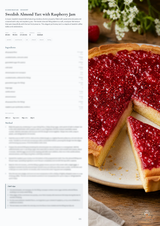 A recipe page for Swedish Almond Tart with Raspberry Jam, with text on the left and a photo of the prepared tart on the right. The tart has a golden almond base covered with bright red raspberry jam, with a slice cut out and placed beside it on a plate.
