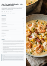 A recipe page layout for One-Pot Seafood Chowder with Corn and Potatoes, featuring a large food photograph on the right showing a creamy chowder bowl with shrimp, corn, and bacon, alongside a white text column on the left with the recipe title, description, ingredients list, and method section.