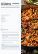 A cookbook or recipe booklet page shown beside a close-up photo of a cooked one-pot jambalaya dish in a dark pot. The left side contains a recipe layout with the title 'One-Pot Jambalaya with Andouille, Chicken, and Rice,' body text, ingredients, and method sections.
