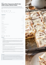 A recipe page for Sheet Pan Cinnamon Roll Cake with Cream Cheese Glaze shown beside a photo of the finished cake in a baking pan, with cinnamon rolls topped in white glaze on a rustic table.