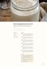 A recipe book or booklet page titled 'Basic Sourdough Starter from Scratch' with a large photo of a sourdough starter in a glass jar at the top and recipe text below on a white page.