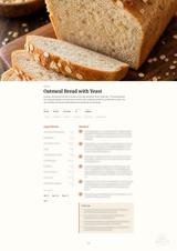 A printed recipe card titled 'Oatmeal Bread with Yeast' beneath a large photo of sliced oatmeal bread on a wooden surface. The card includes blurred ingredient and method text with a small boxed section near the bottom.