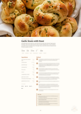 A recipe page titled 'Garlic Knots with Yeast' below a large food photo of golden baked garlic knots in a basket. The page includes descriptive text, ingredients, and cooking steps on a white background.